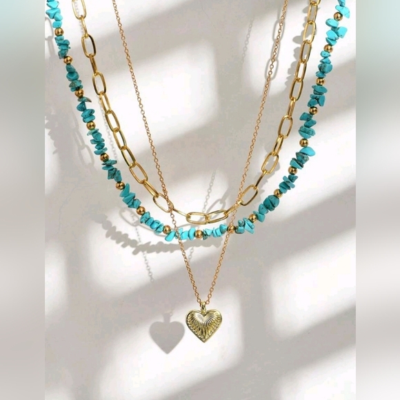 3pcs layered  natural crystal‎ beaded Turquoise stone and gold heart Necklace - Picture 1 of 3
